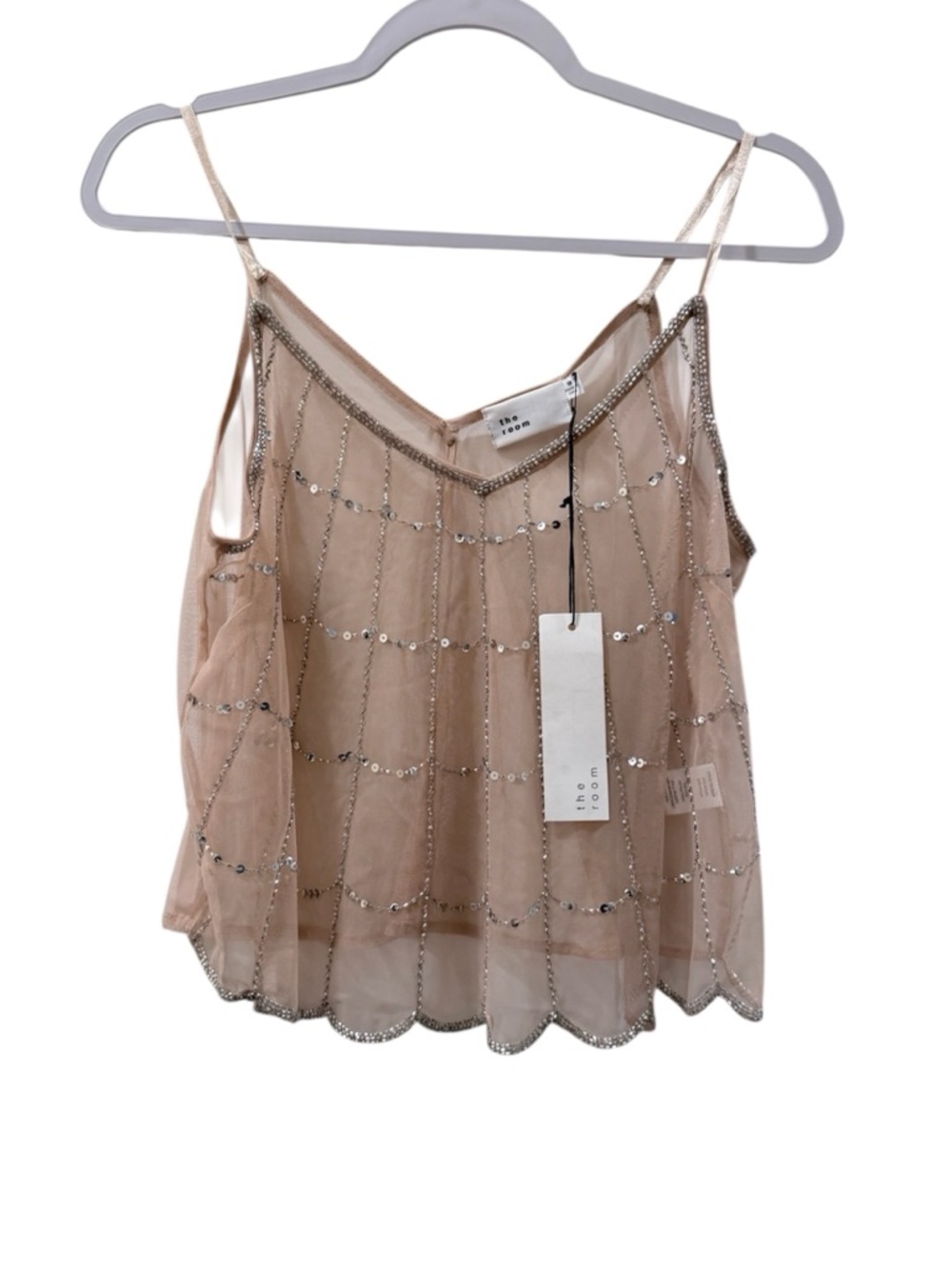 NWT The Room women’s Medium spaghetti strap nuda beaded sequined sheer camisole